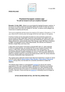 PRESS RELEASE-A call to invest in all our creative futures
